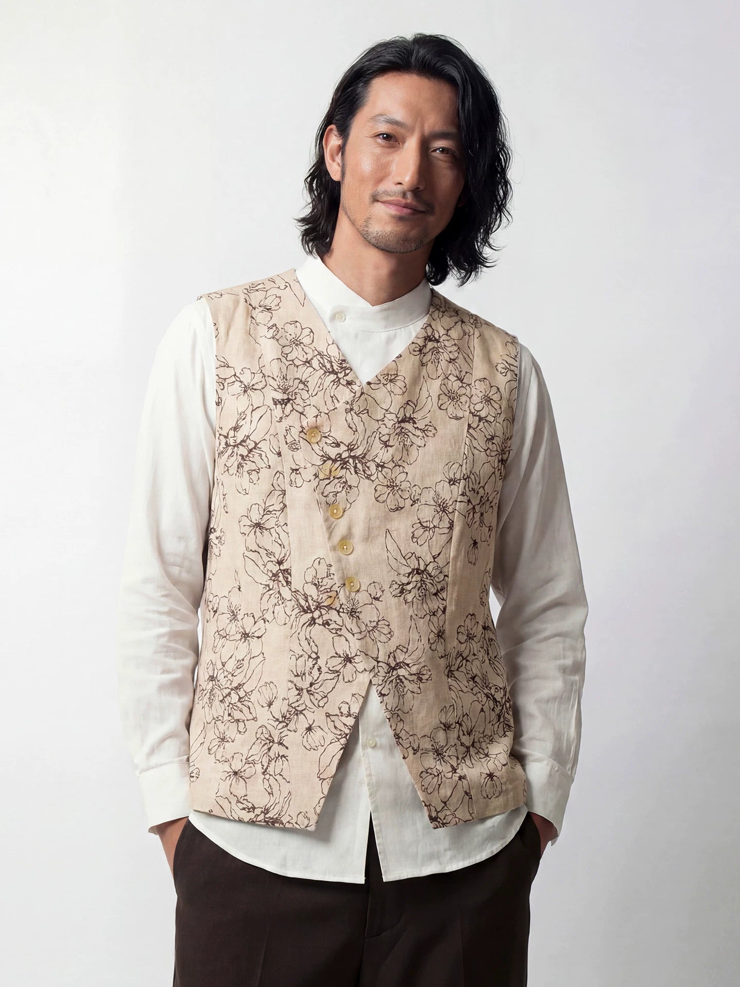 SOARIN Amekaji Vintage Relaxed Fit Regenerated Cellulose Linen Blend Stripe Collarless Jacket  PPZ262TB109