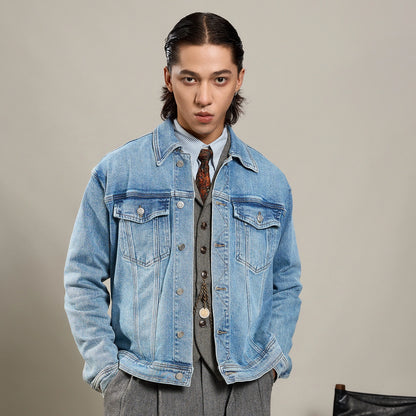 SOARIN美式复古重磅水洗牛仔夹克男 翻领双口袋做旧感工装外套