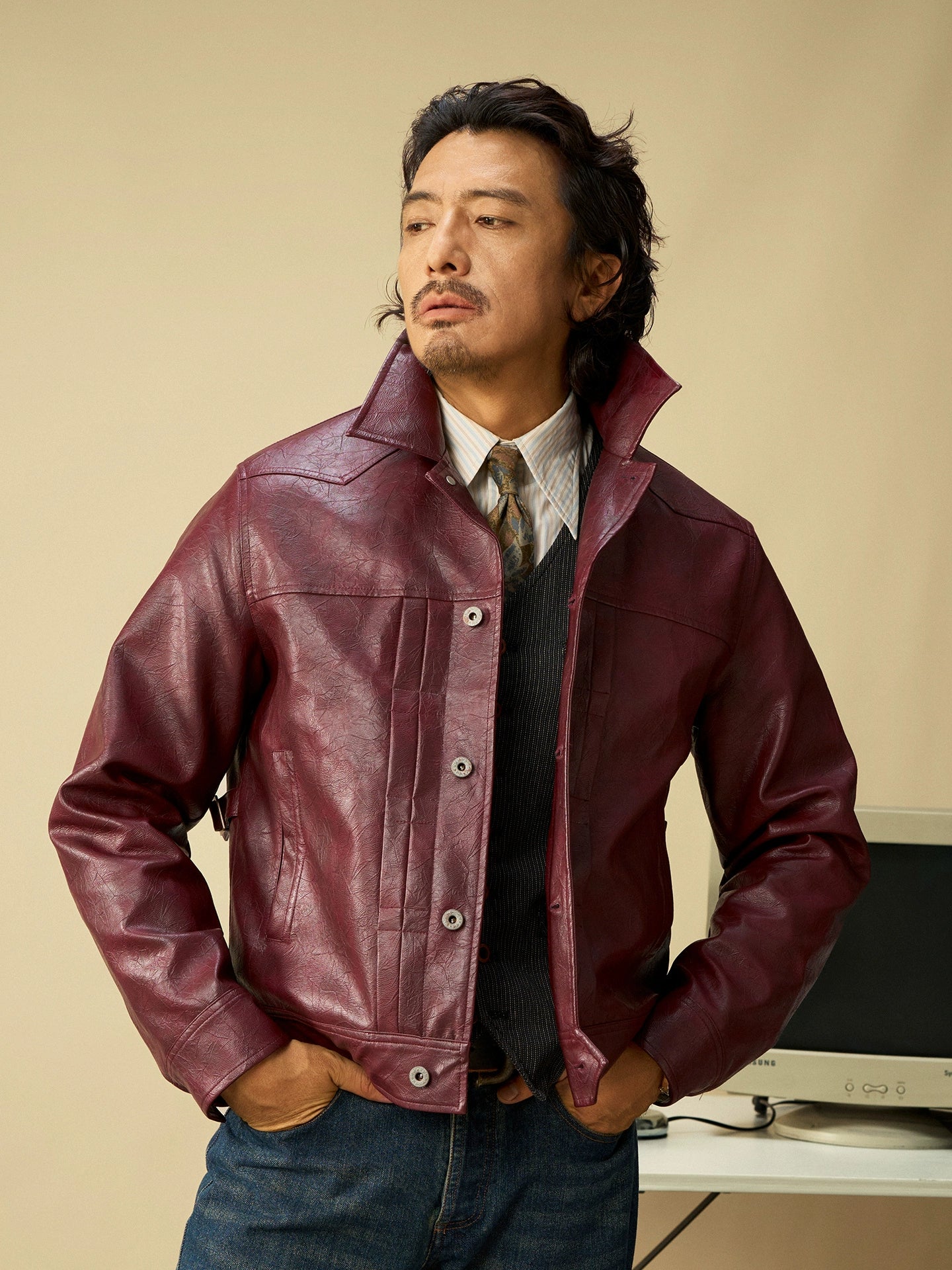 SOARIN美式复古机车风皮衣夹克 阿美咔叽休闲翻领飞行员短款外套