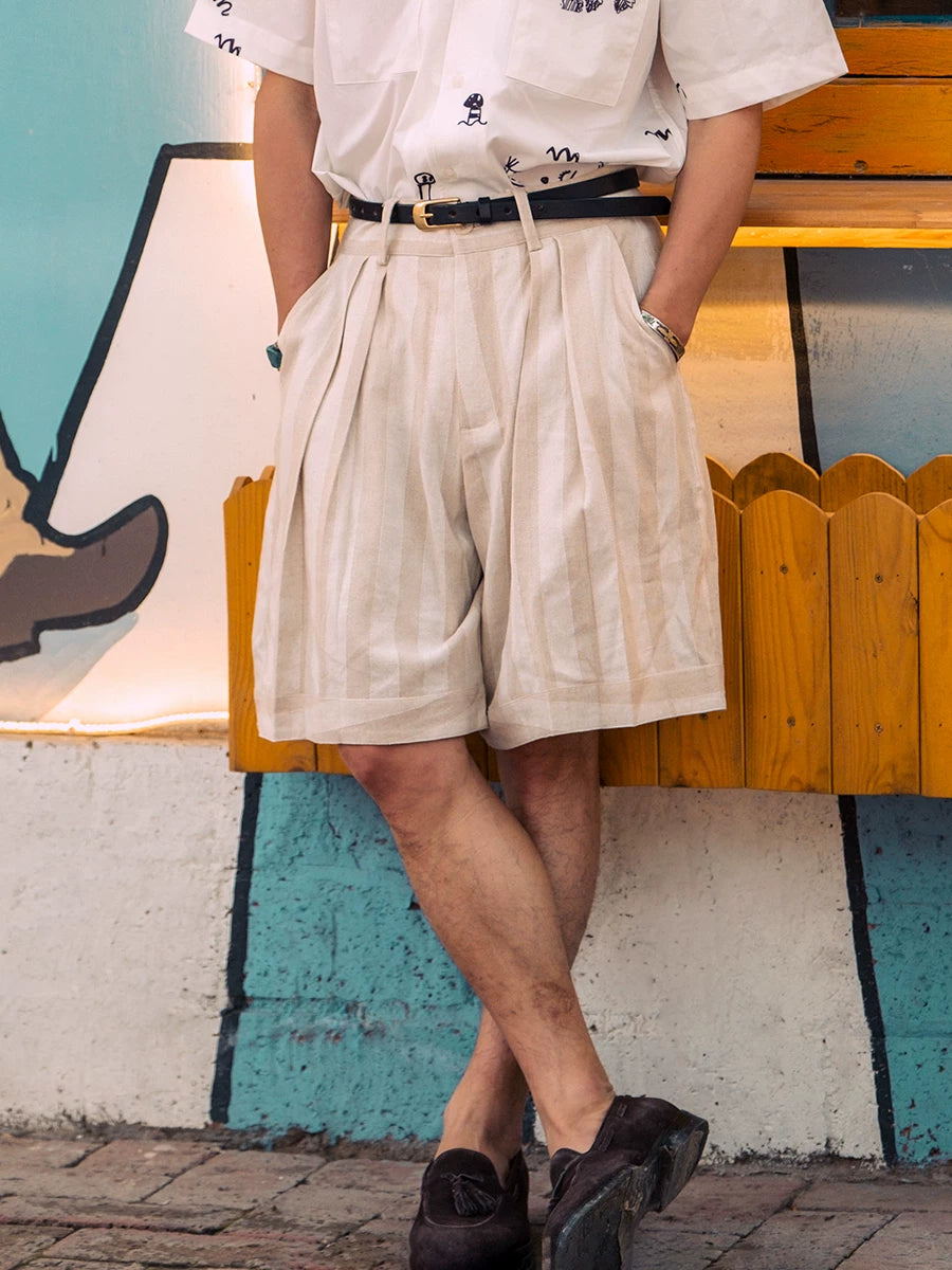 SOARIN Vintage Wide Leg Cotton Linen Striped Shorts JUKZ242TF159
