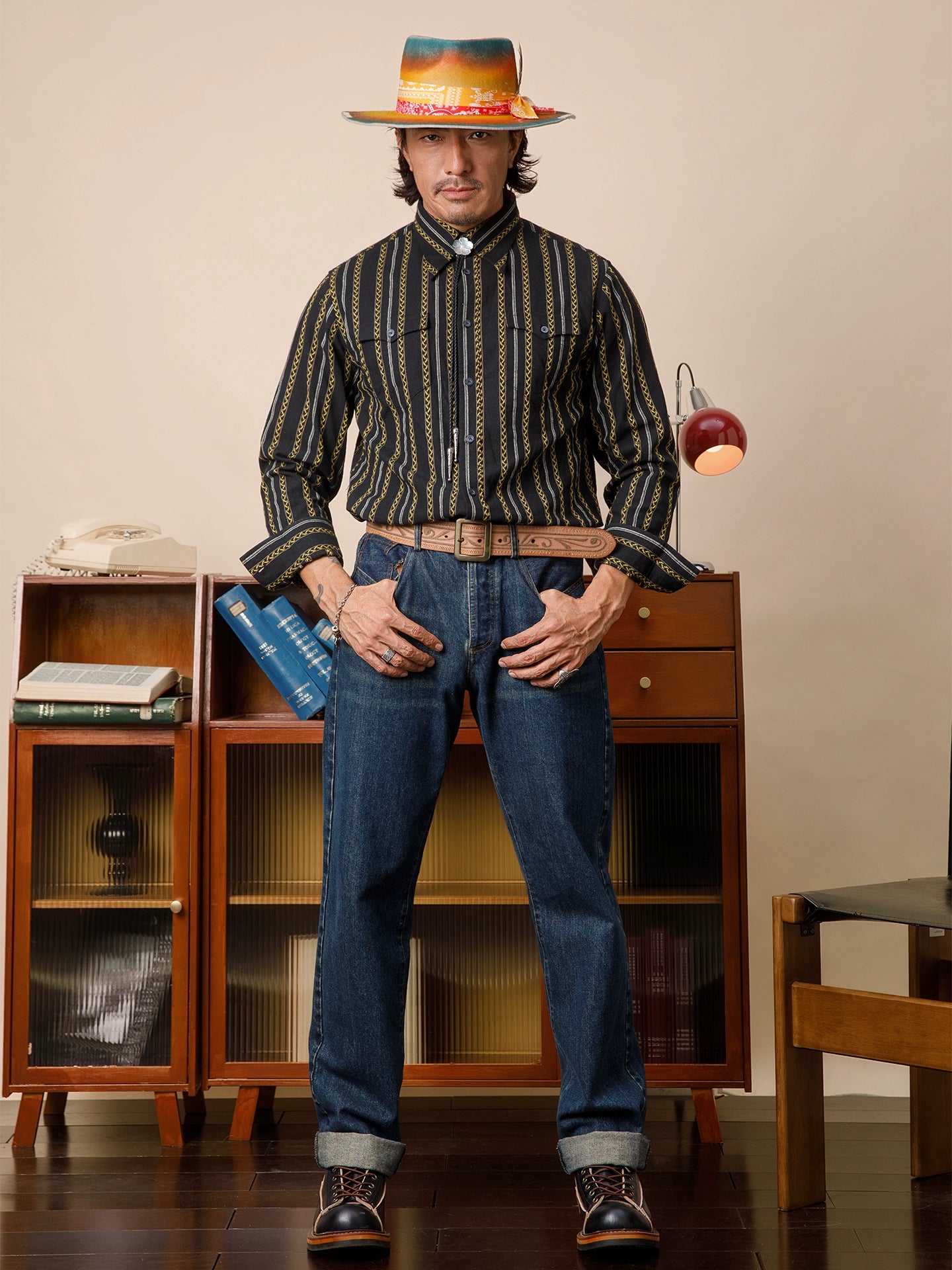 SOARIN美式西部牛仔风黑色条纹长袖衬衫男 全棉休闲提花工装衬衣