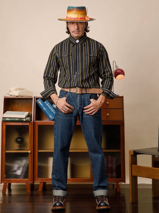 SOARIN美式西部牛仔风黑色条纹长袖衬衫男 全棉休闲提花工装衬衣
