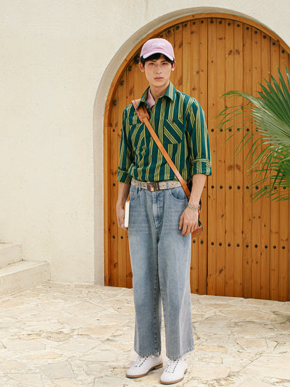 SOARIN美式工装绿条纹长袖衬衫男 慵懒风双口袋休闲宽松棉麻衬衣