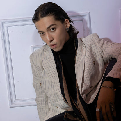 SOARIN雅痞英式条纹西装外套男 戗驳领双排扣商务休闲痞帅单西服