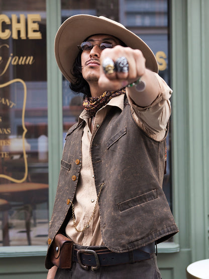 SOARIN复古美式西部风皮马甲男阿美咔叽做旧工装痞帅机车马夹背心