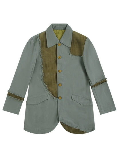 SOARIN【解构设计】独立复古拼接西装外套男不规则毛边长款单西服