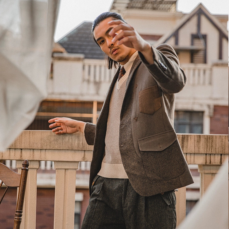 SOARIN英伦风复古羊毛西装外套男 Vintage拼接商务休闲毛呢单西服