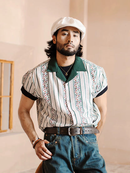SOARIN Amekaji Regular Fit Seersucker Polyester Printed Short Sleeve Shirt YAOZ2426C282