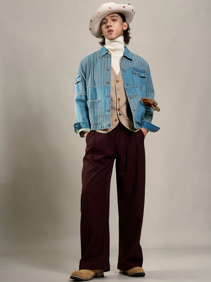 SOARIN美式复古拼接牛仔夹克男 阿美咔叽多口袋功能工装条纹外套