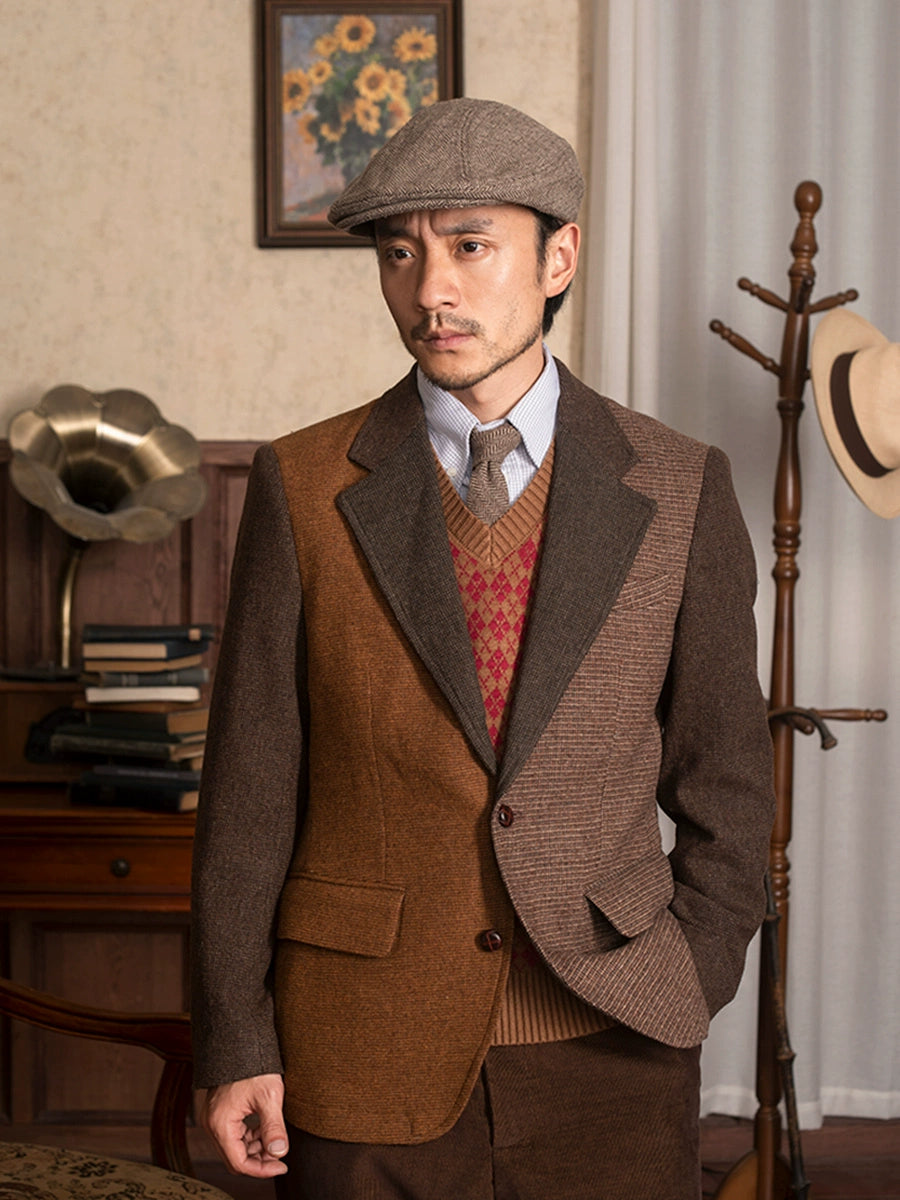 SOARIN英伦风复古拼接西装外套男 冬季商务休闲修身羊毛呢单西服