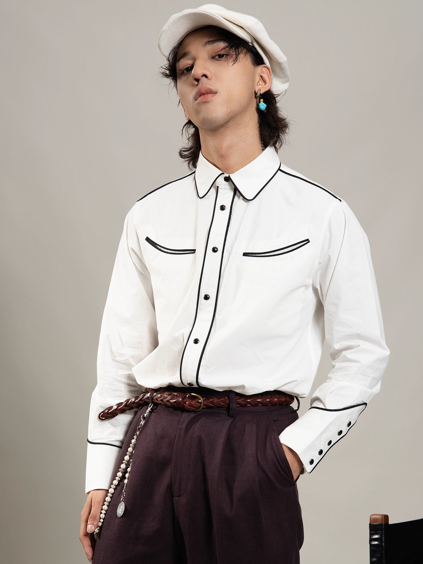 SOARIN美式复古西部风工装长袖衬衫男重磅阿美咔叽休闲设计感衬衣