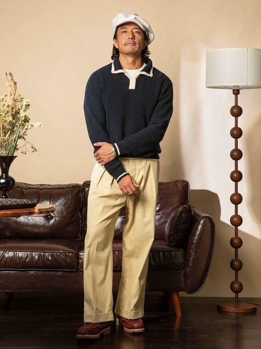 SOARIN意式那不勒斯翻领针织毛衣男高级感绅装商务休闲坑条毛线衣