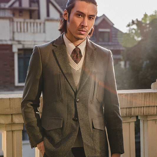 SOARIN英伦风复古羊毛西装外套男 Vintage拼接商务休闲毛呢单西服