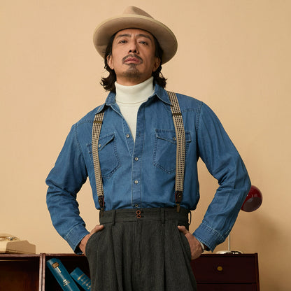 SOARIN美式复古工装牛仔衬衫男阿美咔叽秋冬重磅休闲长袖衬衣外套