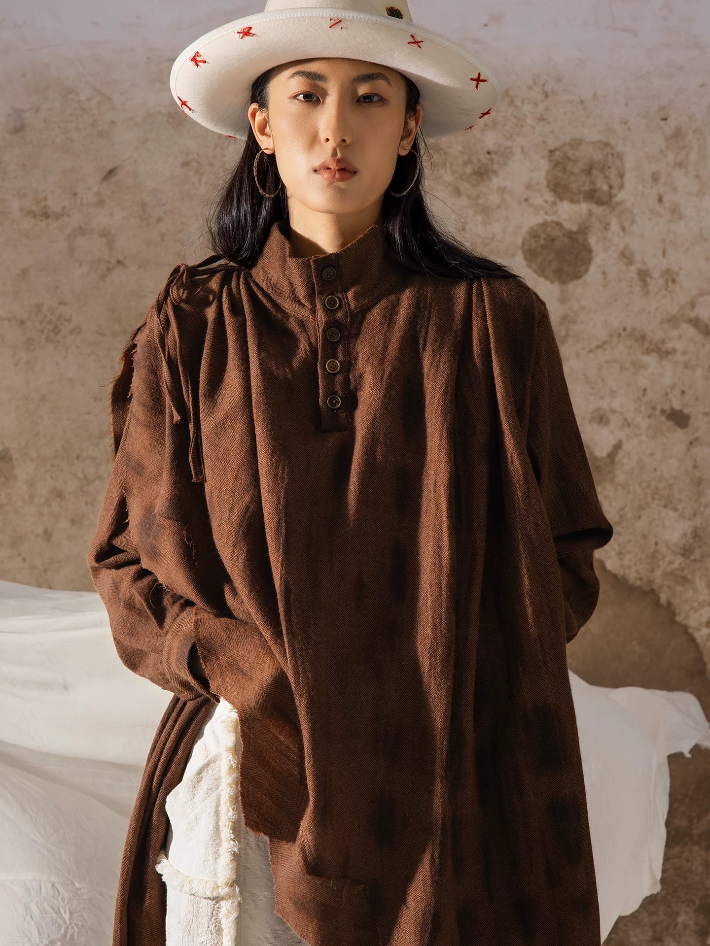 SOARIN Gai Yu Xia Series Loose Fit Pure Wool Tie Dye Deconstructed Cape Long Shirt Coat DCZ253TC459