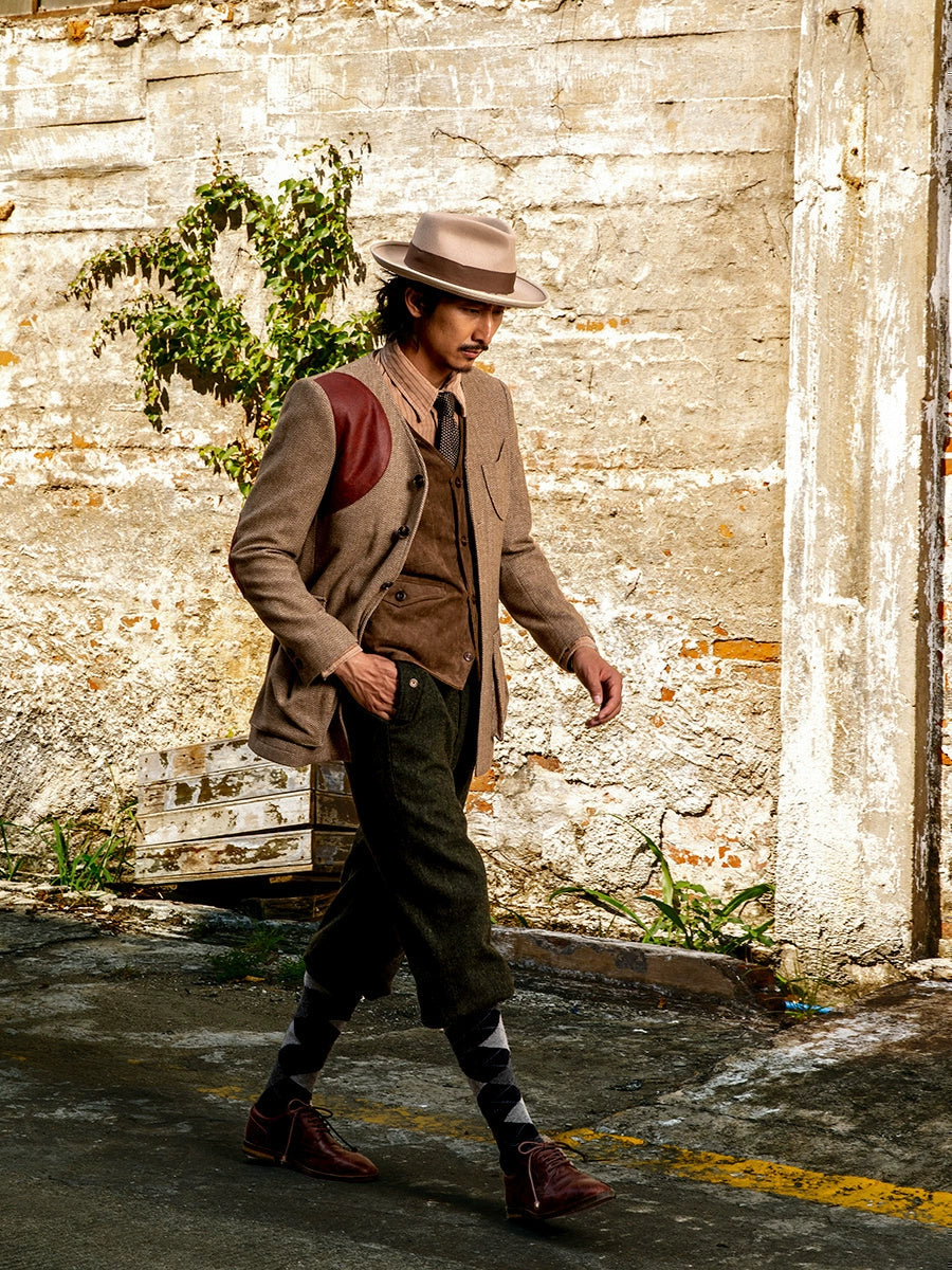 SOARIN英伦风复古人字纹毛呢夹克男 Vintage古着感拼接多口袋外套