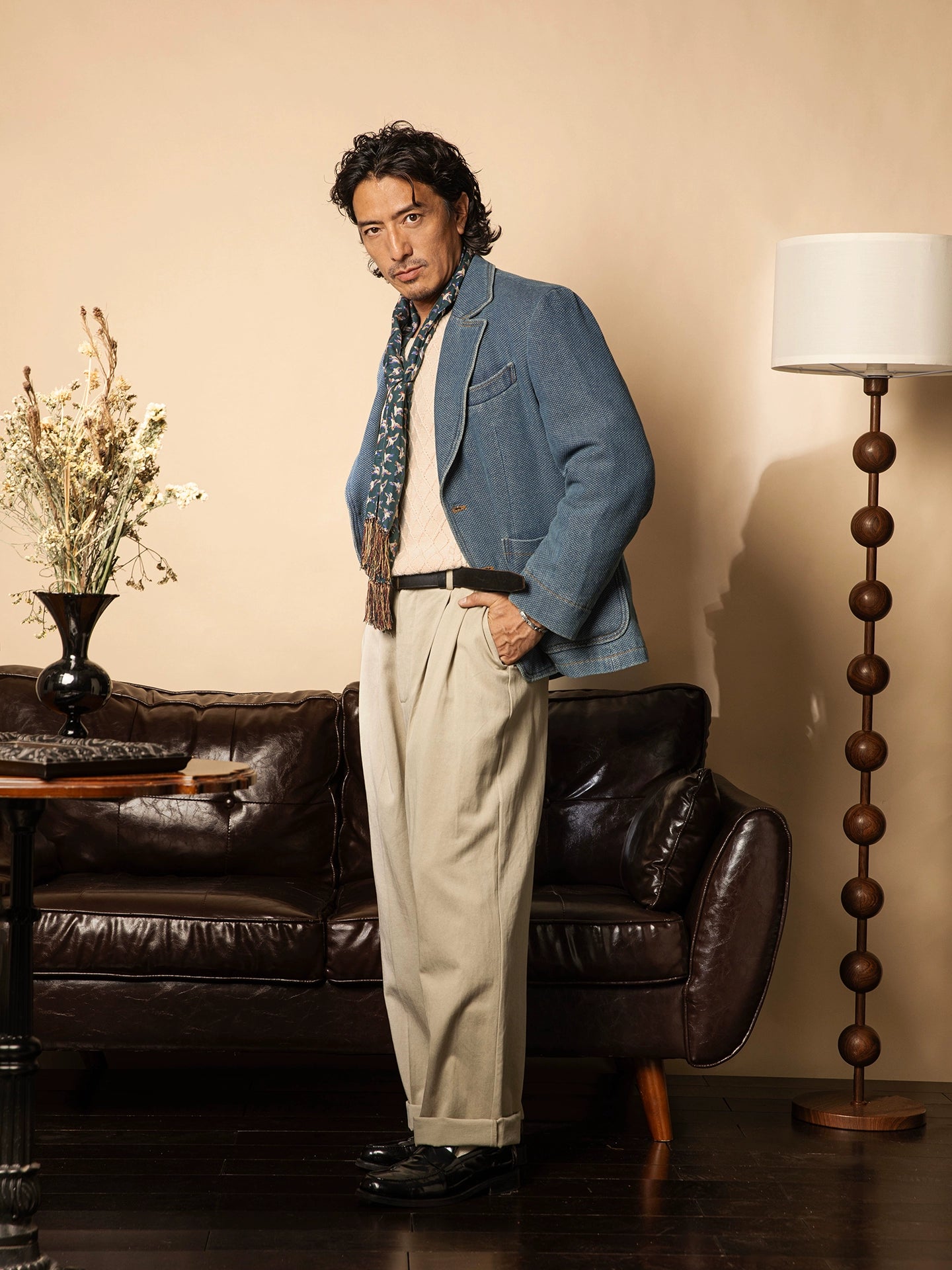 SOARIN复古老钱风牛仔西装外套男华夫格洗水蓝休闲青年痞帅单西服