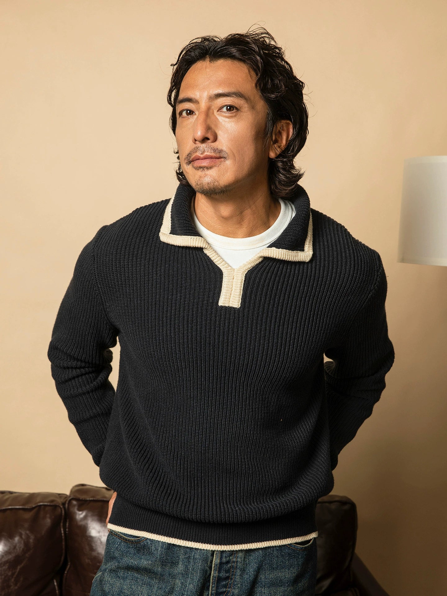 SOARIN意式那不勒斯翻领针织毛衣男高级感绅装商务休闲坑条毛线衣