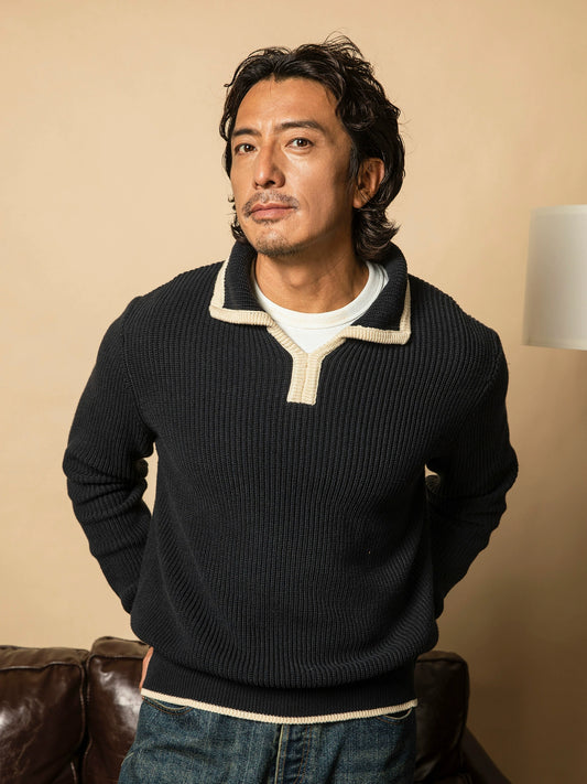 SOARIN意式那不勒斯翻领针织毛衣男高级感绅装商务休闲坑条毛线衣