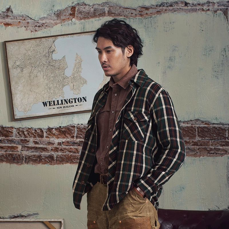 SOARIN美式复古格子外套男 阿美咔叽格纹休闲工装多口袋套头夹克