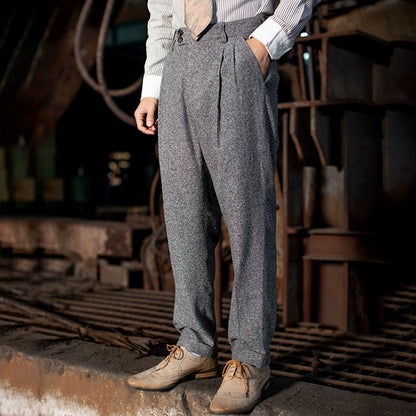 SOARIN英伦复古人字纹九分西装裤男 粗花呢痞帅商务修身直筒9分裤