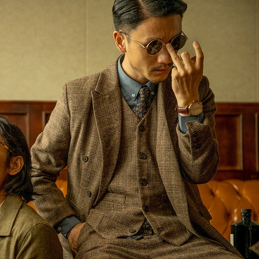 SOARIN英伦复古格子西装外套男 羊毛呢格纹商务休闲双排扣单西服