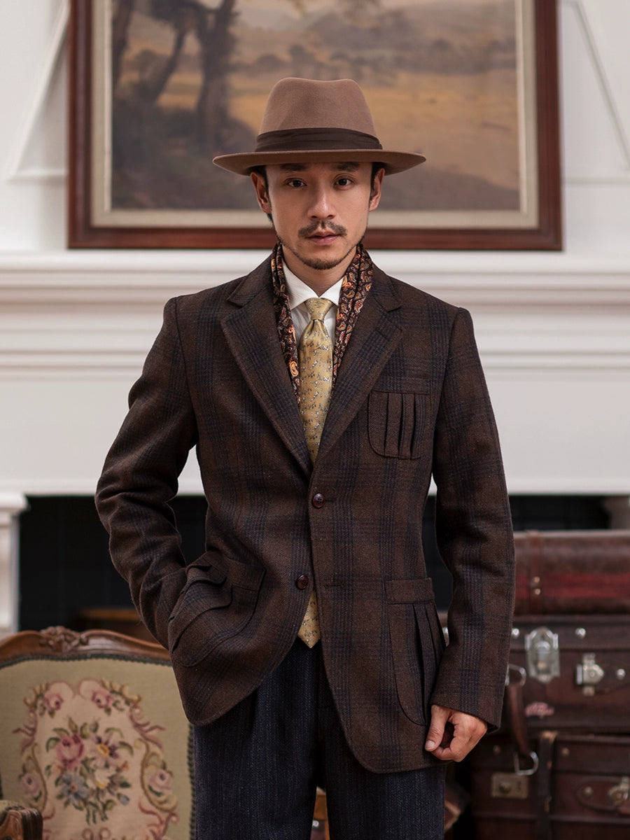 SOARIN英伦复古格子西装外套男 秋冬商务休闲修身格纹毛呢单西服