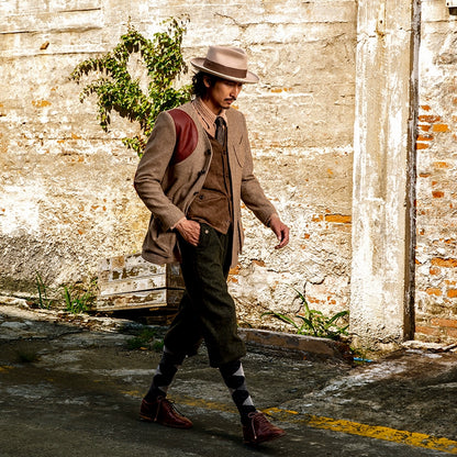 SOARIN英伦风复古人字纹毛呢夹克男 Vintage古着感拼接多口袋外套