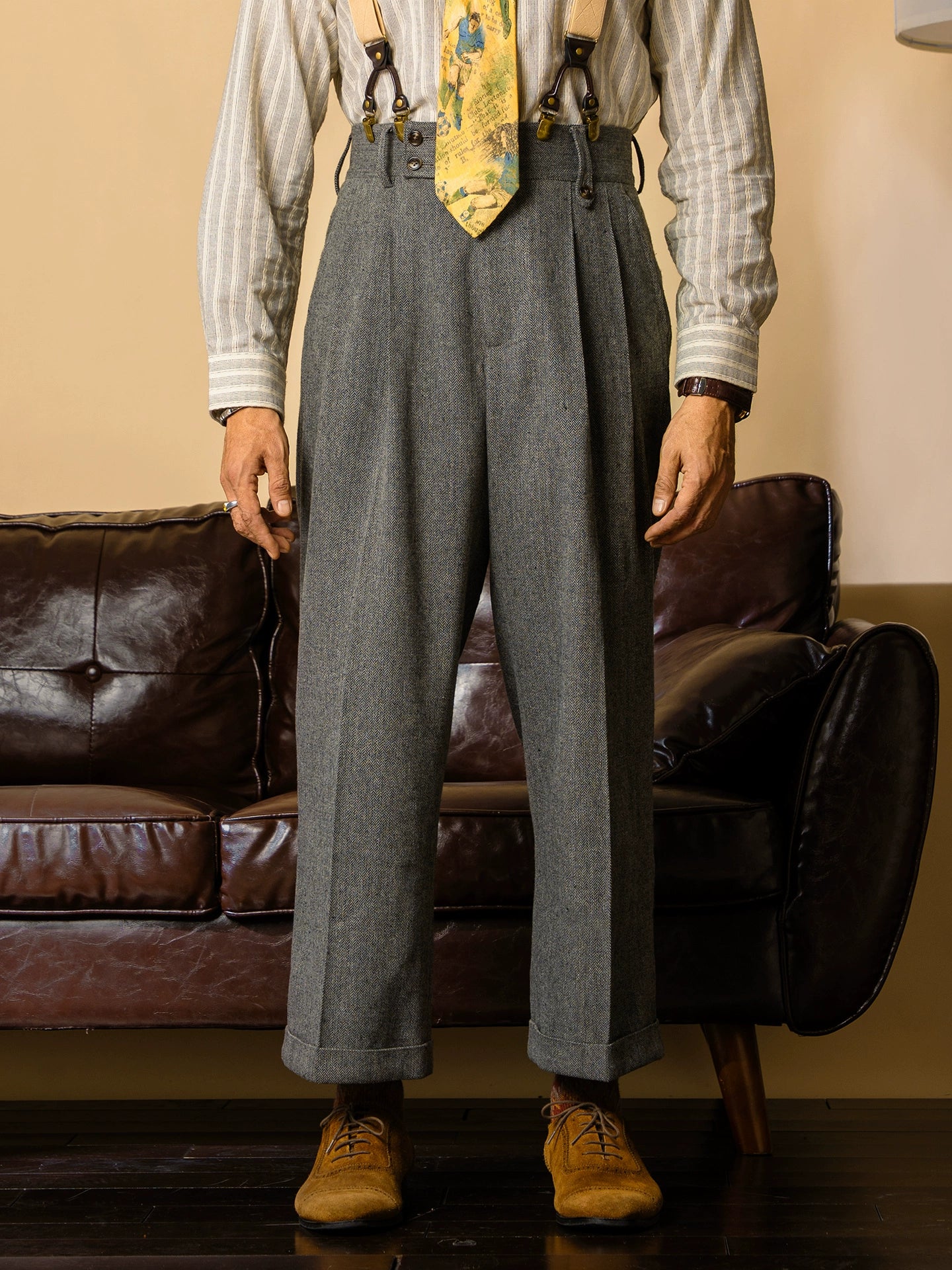 SOARIN英伦风复古毛呢西装裤男 冬季人字纹商务直筒休闲高腰长裤