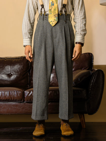 SOARIN英伦风复古毛呢西装裤男 冬季人字纹商务直筒休闲高腰长裤