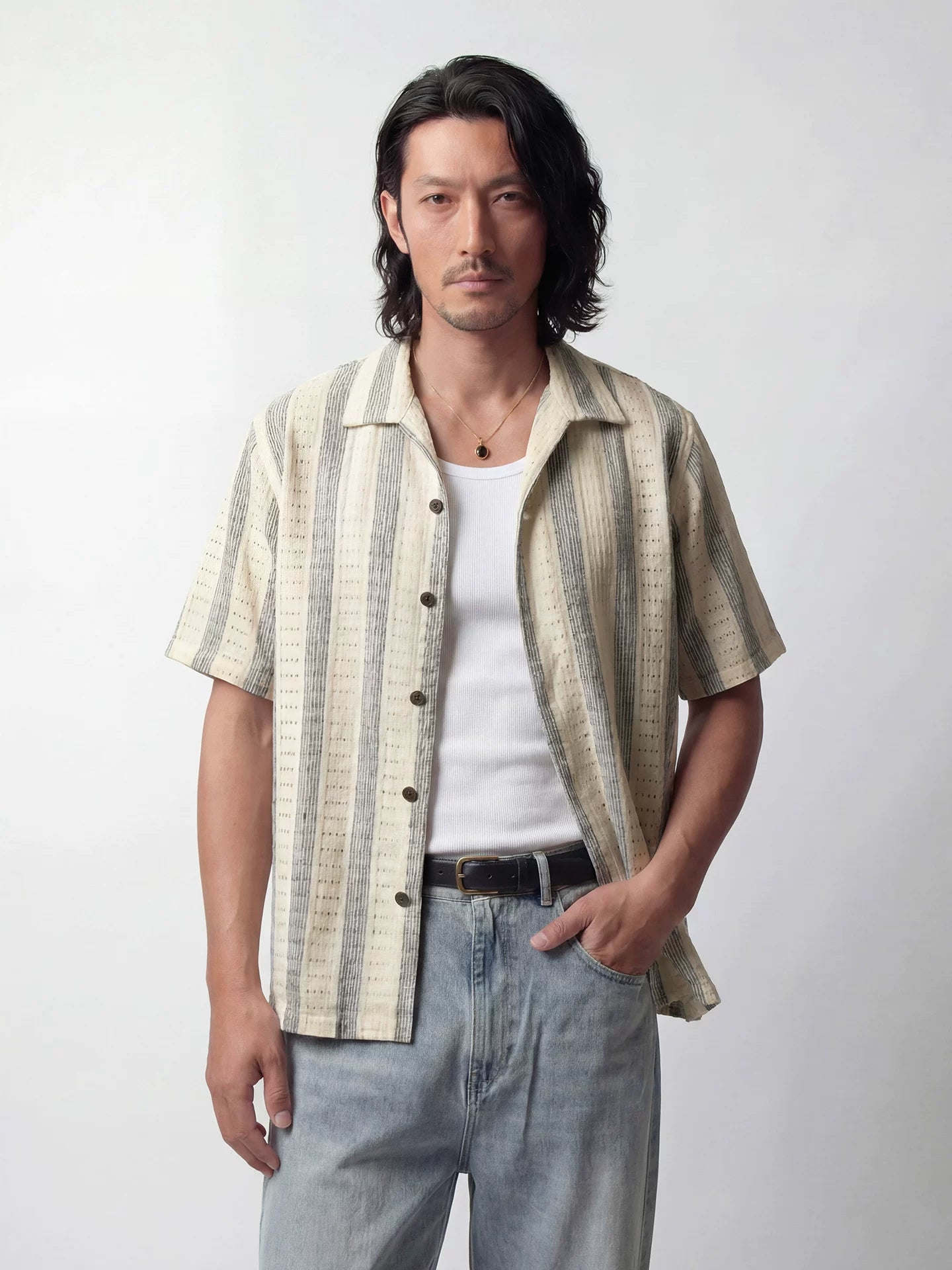 SOARIN Casual Vintage Loose Fit Polyester Spandex Blend Short Sleeve Shirt JITZ2626C473