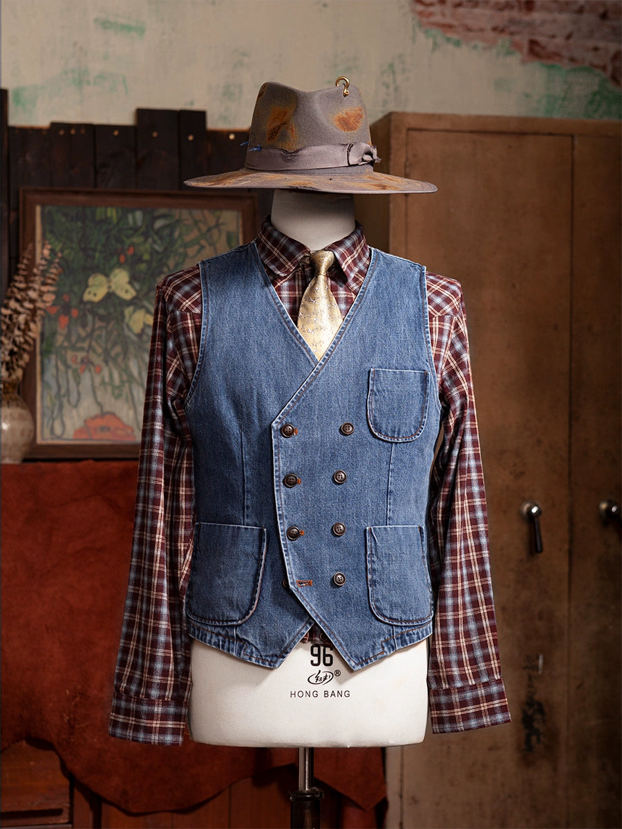 SOARIN英式复古水洗蓝牛仔马甲背心男 双排扣阿美咔叽休闲小马夹