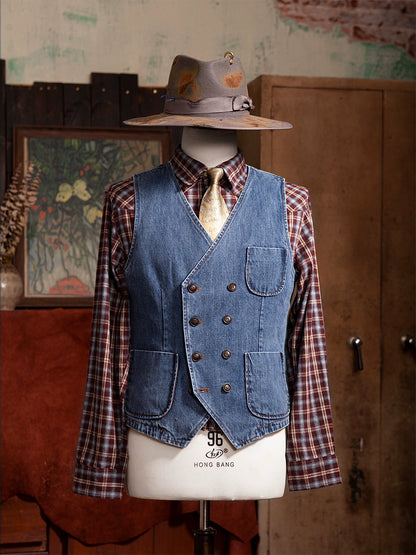 SOARIN英式复古水洗蓝牛仔马甲背心男 双排扣阿美咔叽休闲小马夹