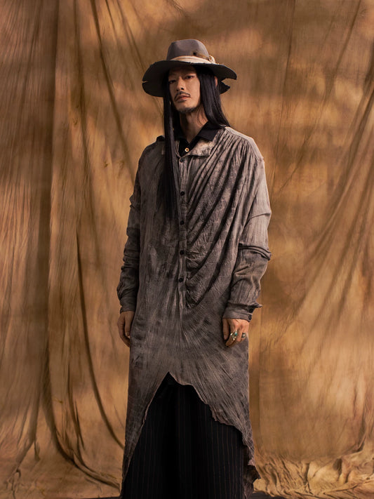 SOARIN Gai Yu Xia Series Asymmetric Draped Tie-Dyed Crinkle Long Shirt DCZ233TC146
