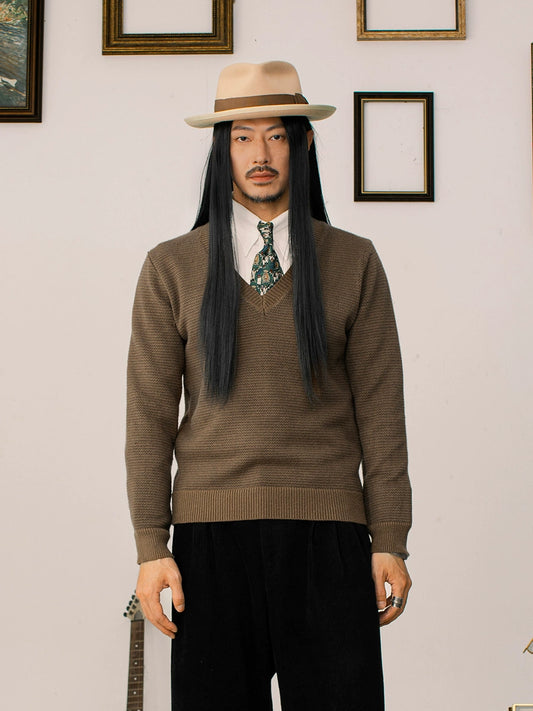 SOARIN英伦复古V领长袖针织毛衣男 重磅保暖鸡心领叠穿打底毛线衣