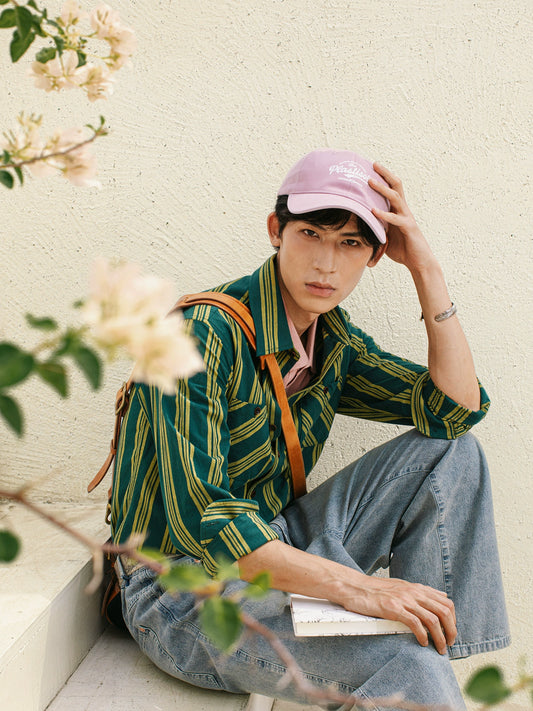 SOARIN美式工装绿条纹长袖衬衫男 慵懒风双口袋休闲宽松棉麻衬衣