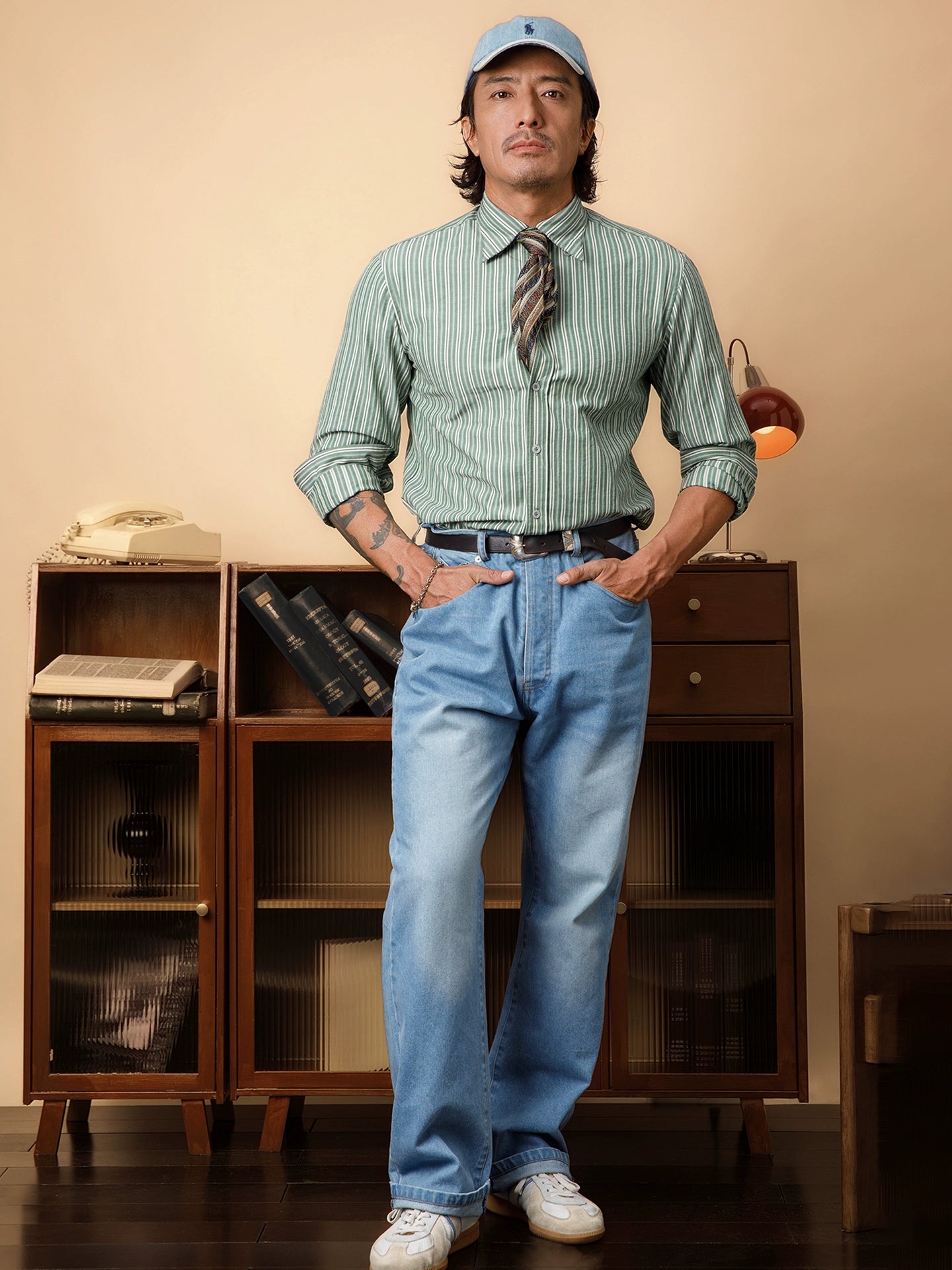 SOARIN英伦复古绿竖条纹衬衫男免烫抗皱商务休闲修身长袖西装衬衣