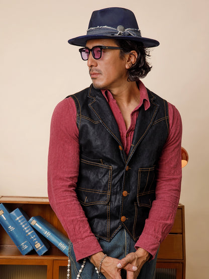 SOARIN美式复古黑色皮衣马甲男 辑明线翻领休闲工装机车马夹背心