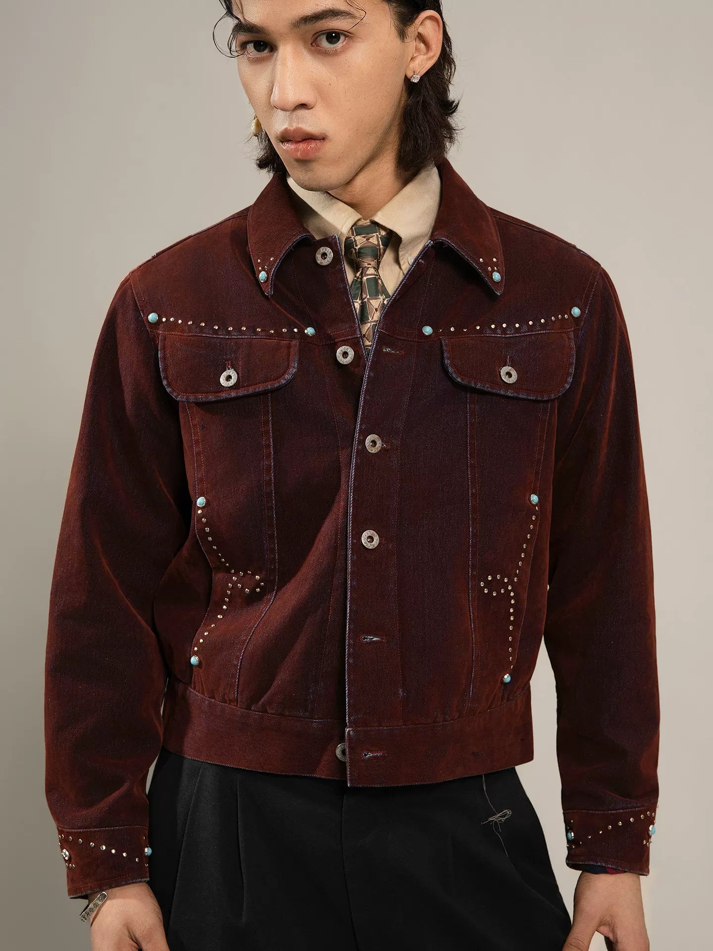 SOARIN Western Vintage Regular Fit Flocking Denim Rivet Jacket YAOZ253TJ105