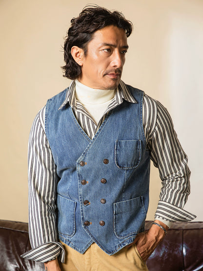 SOARIN英式复古水洗蓝牛仔马甲背心男 双排扣阿美咔叽休闲小马夹