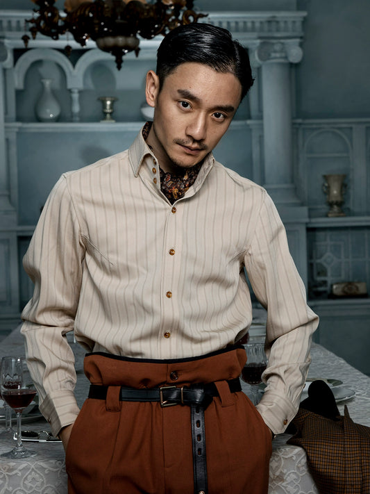 SOARIN英伦风高级感法式衬衫男复古雅痞免烫垂感西装条纹长袖衬衣