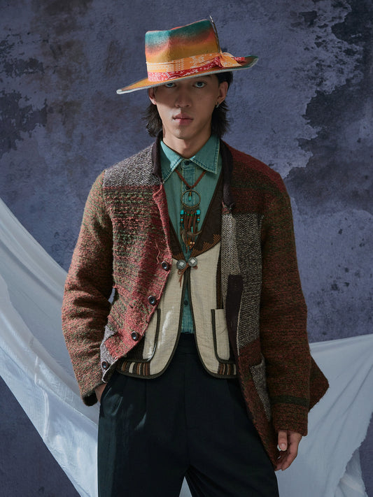 SOARIN英伦复古撞色费尔岛毛衣开衫男 Vintage古着感拼接针织外套