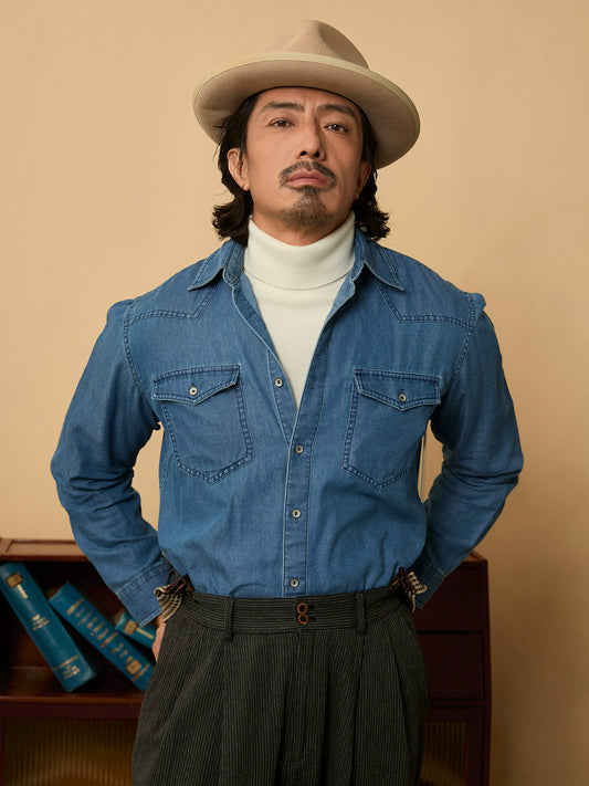 SOARIN美式复古工装牛仔衬衫男阿美咔叽秋冬重磅休闲长袖衬衣外套