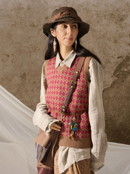 SOARIN复古老钱风菱格费尔岛毛衣背心男 英式提花针织衫马甲坎肩