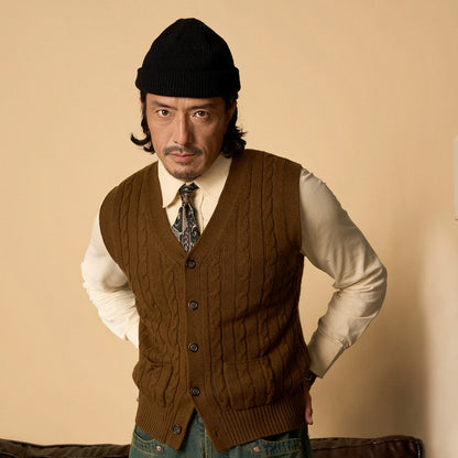【四色】SOARIN英伦复古老钱风针织毛衣背心男立体绞花毛线衣马甲