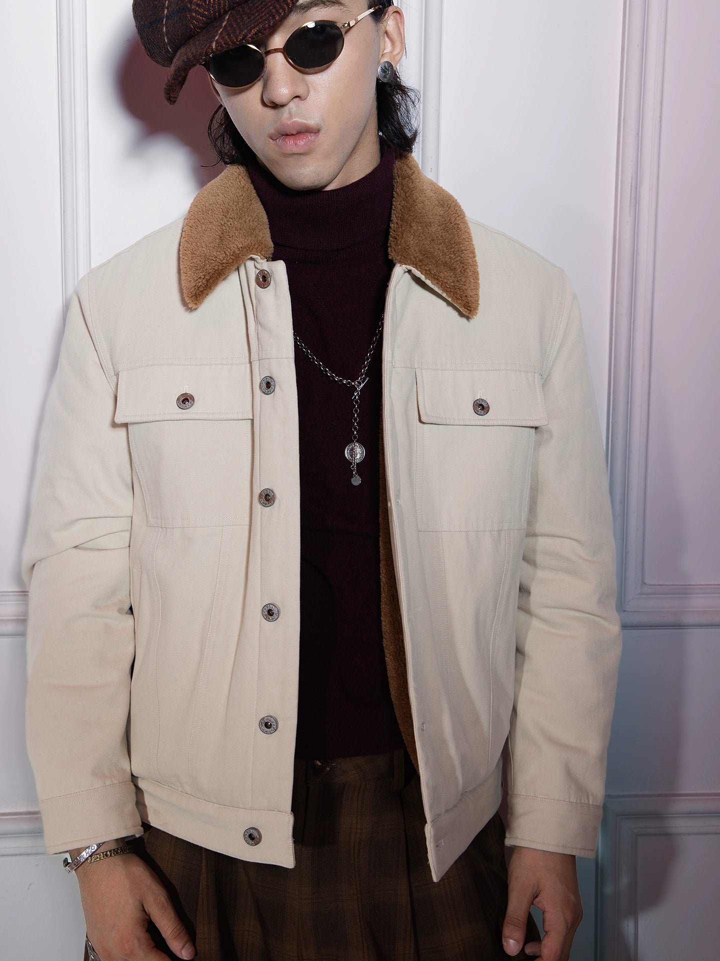 SOARIN美式复古翻领帆布羊羔绒夹克男 阿美咔叽摇粒绒飞行员外套