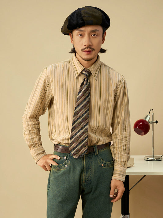 SOARIN英伦风复古纯棉条纹长袖衬衫男高级感商务休闲修身西装衬衣