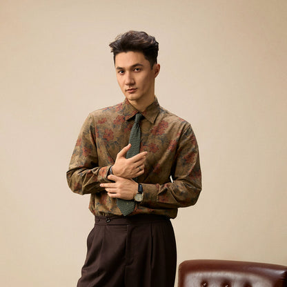 SOARIN复古老钱风印花长袖衬衫男高级感法式休闲雅痞玫瑰碎花衬衣