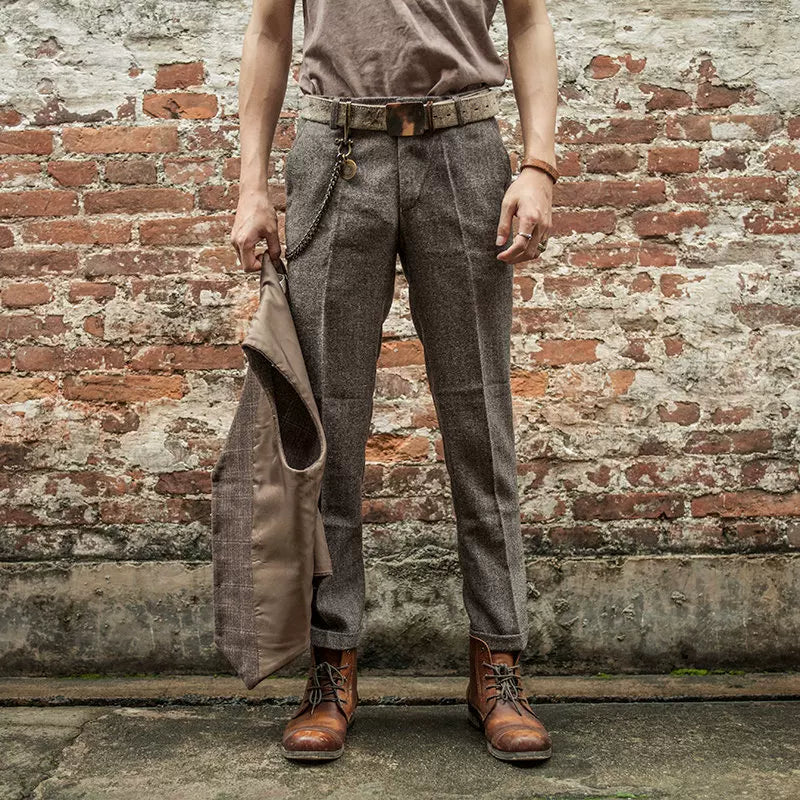 SOARIN Casual Retro Loose Fit Herringbone Tweed Suit Trousers  JS73F52