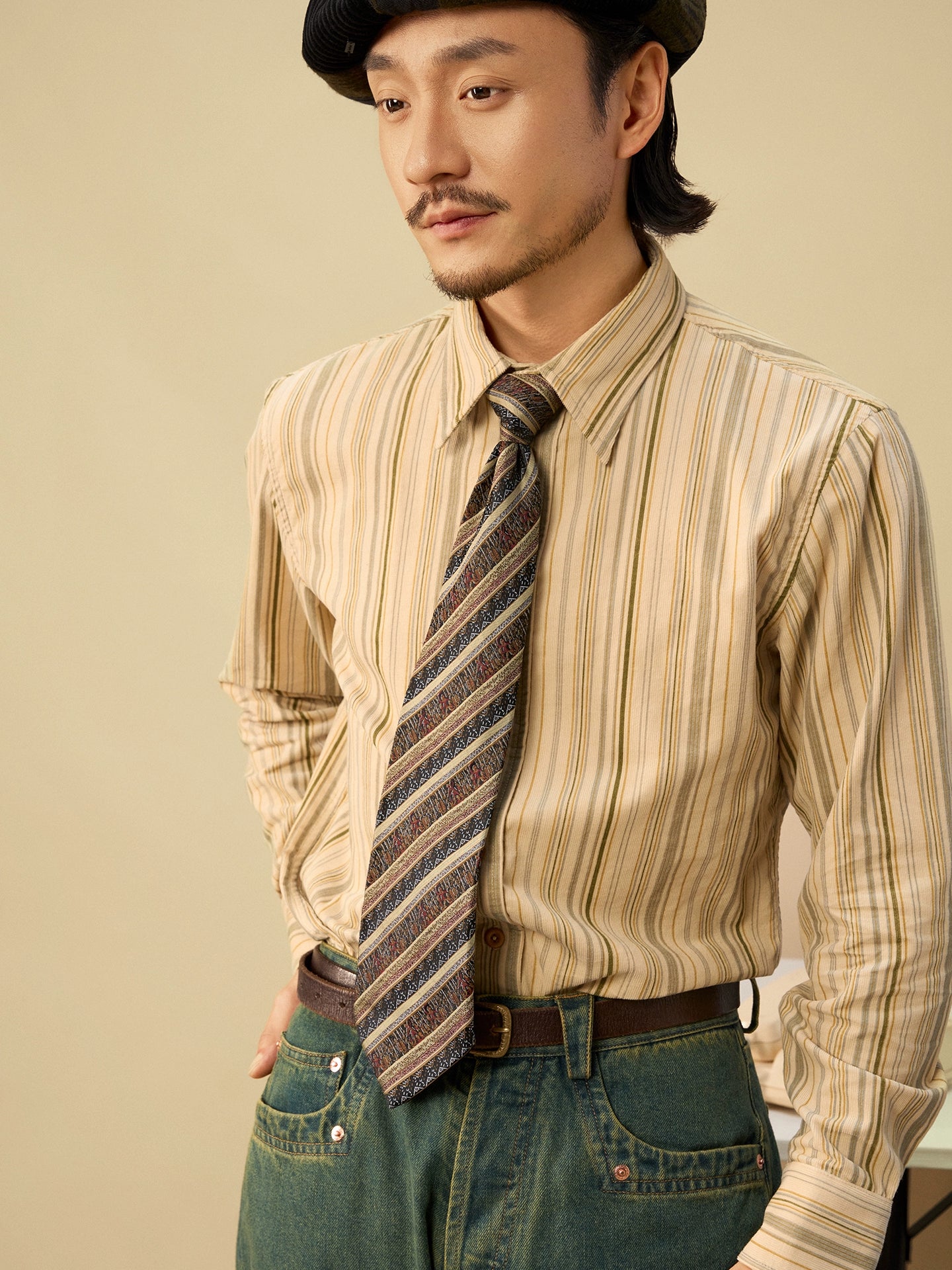 SOARIN英伦风复古纯棉条纹长袖衬衫男高级感商务休闲修身西装衬衣